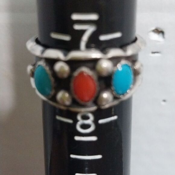 Sterling Silver Ring with Turquoise and Coral Accents.  It Is Signed E and L. - Picture 3 of 3